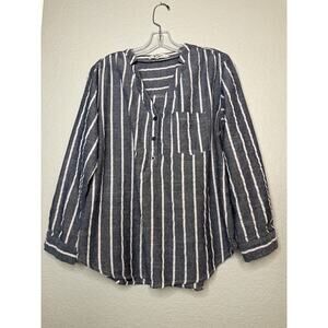 Yidarton Blue White Striped Linen Blend V-Neck Button Blouse XL